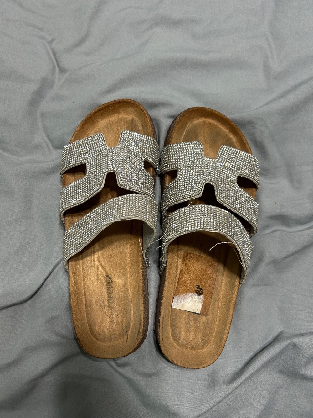 Forever 21 Silver Rhinestone Slide Sandals for Women